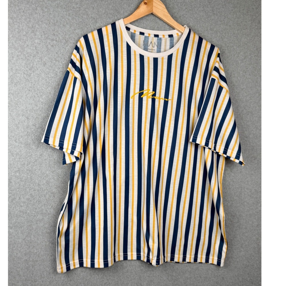 boohooMAN Mens Vertical Stripe Short Sleeve T-Shirt Navy Yellow White Large